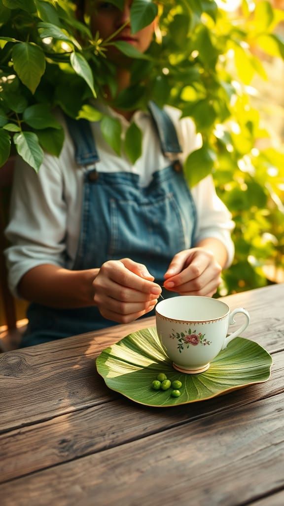 Serene Garden Scene with Tea and Sewing