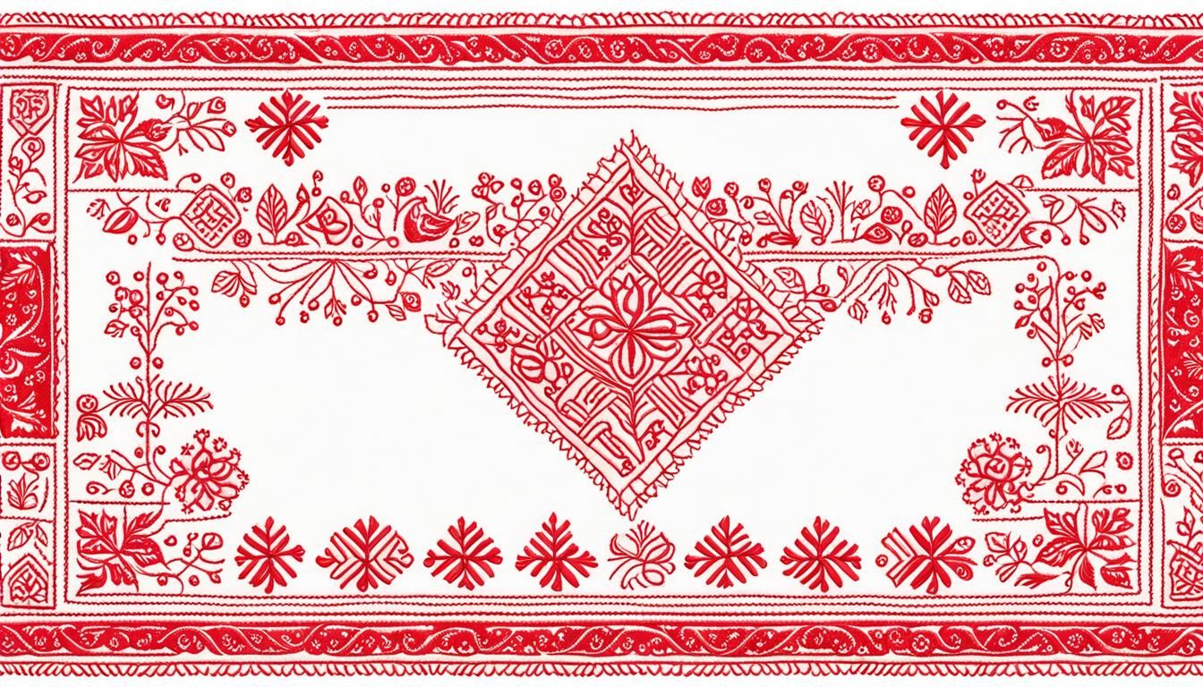 Slavic block folk embroidery pattern with red thread on white