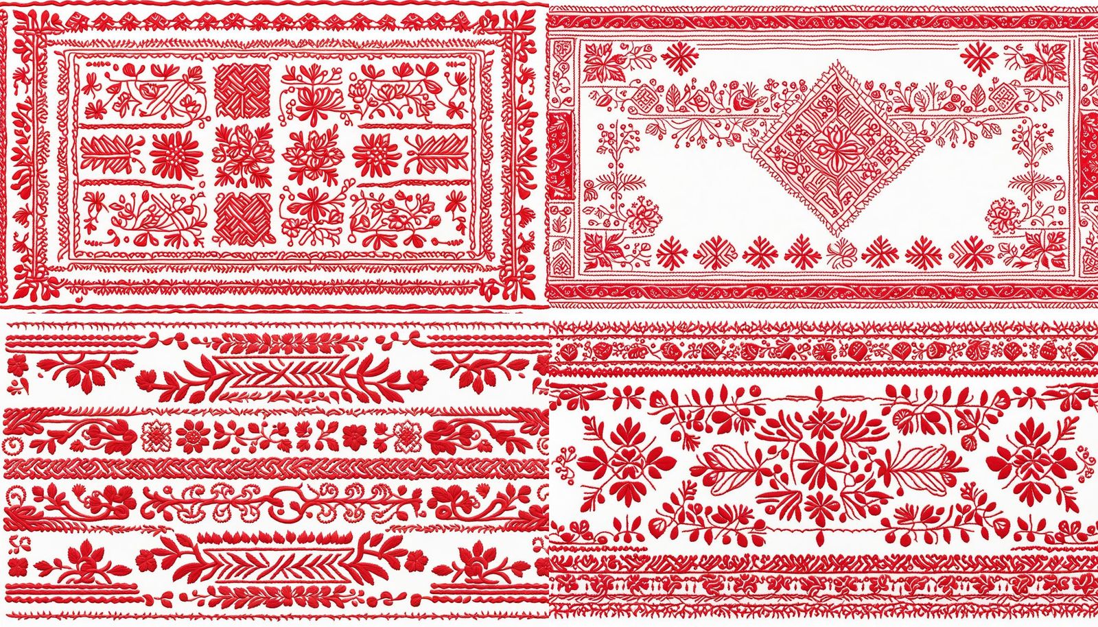 Slavic block folk embroidery pattern with red thread on white