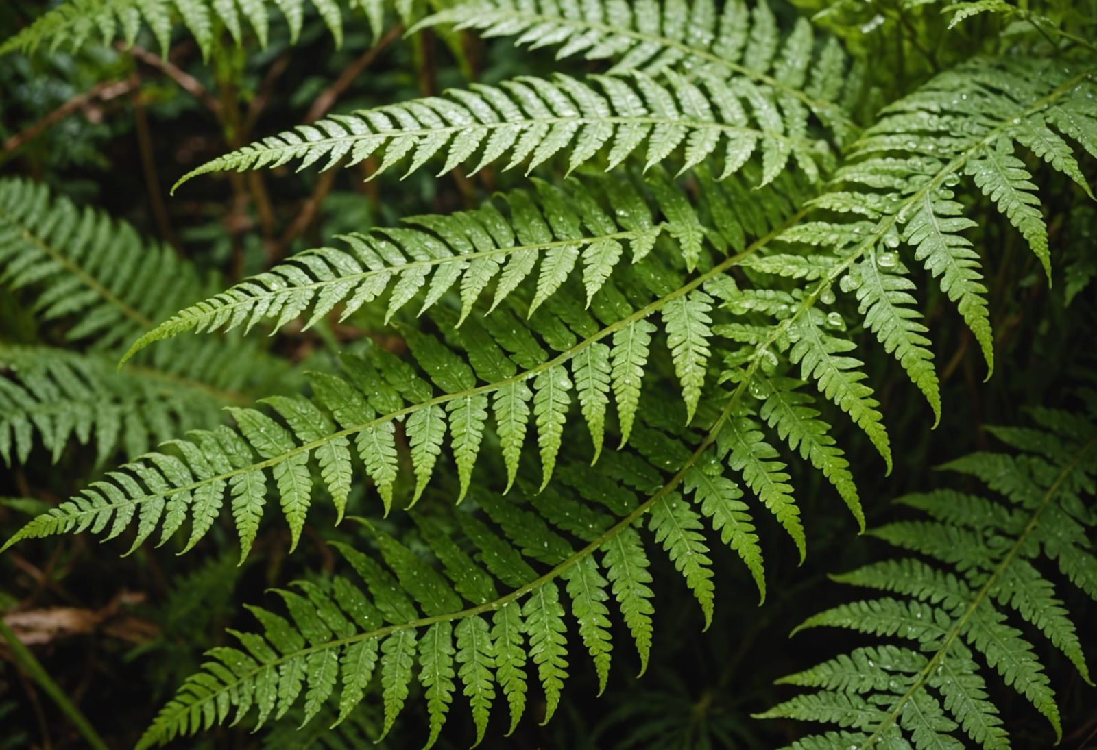 Vibrant Fern Landscape with Dew and Wildlife