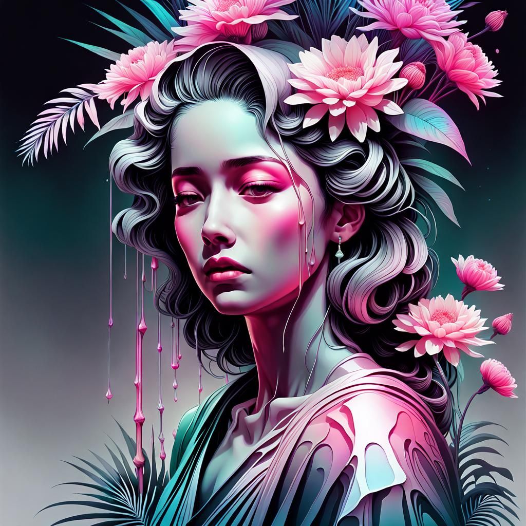 Melancholic Bouquet in Vaporwave Embroidery Style