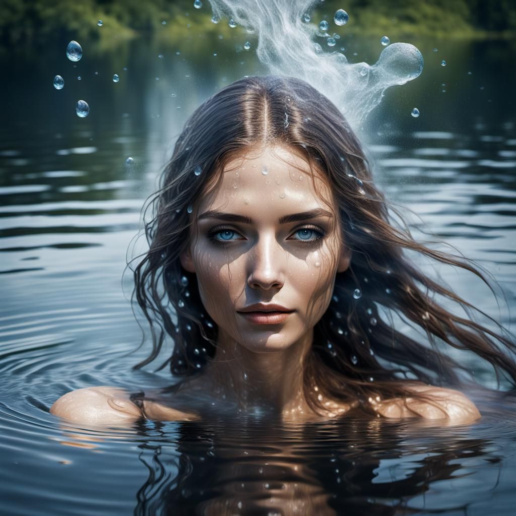 Ethereal Woman Emerges from Lake: Digital Art