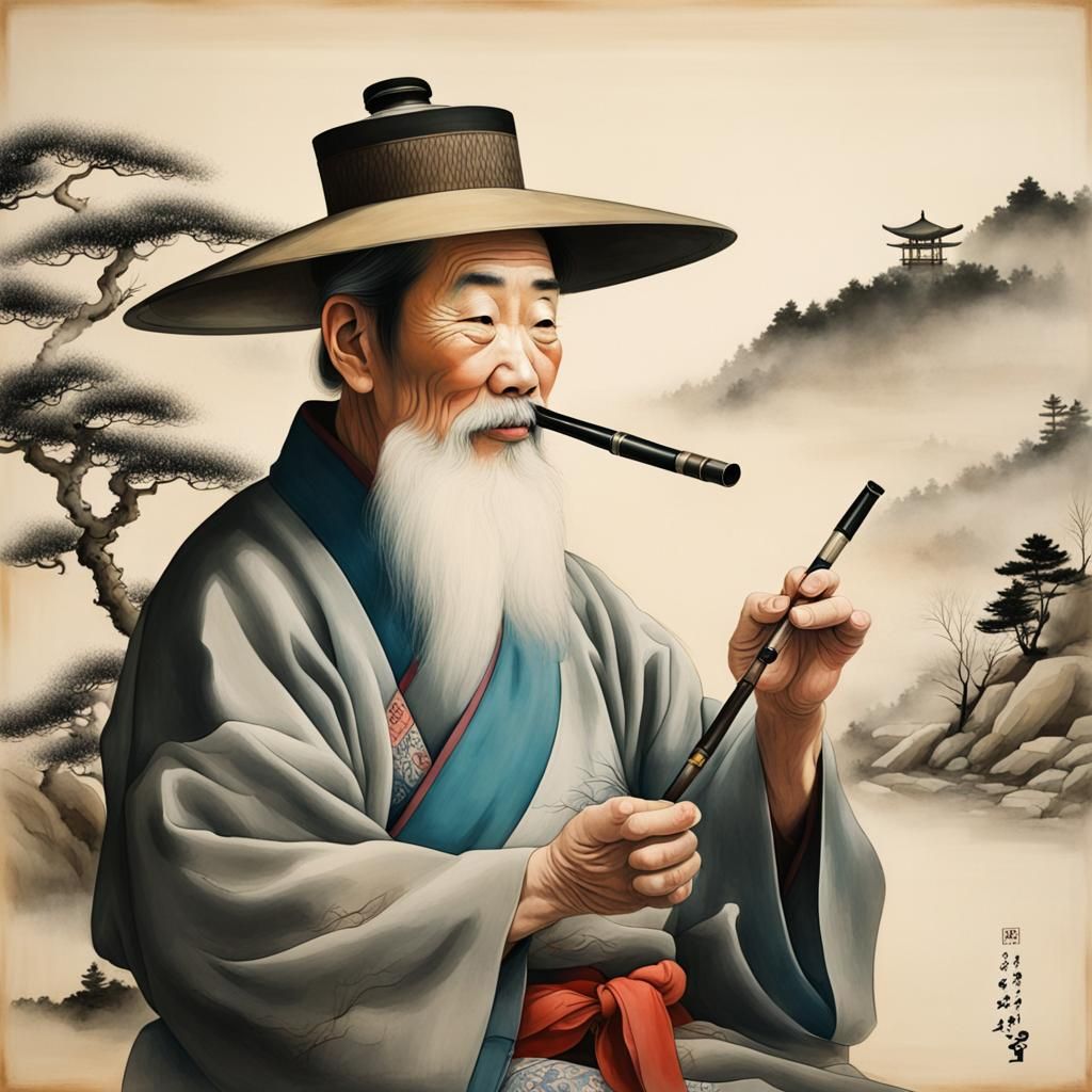 Korean Double Exposure Painting of Old Man