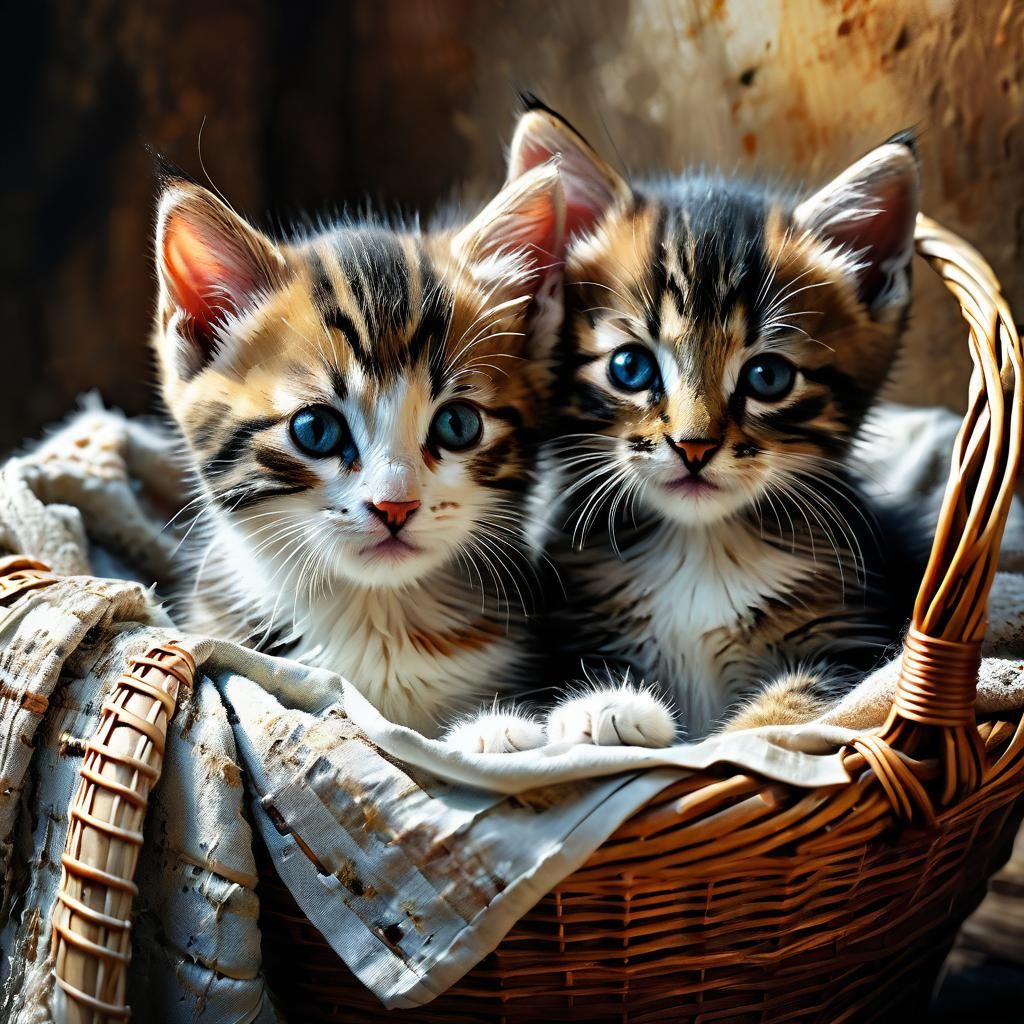 Kittens Cuddle in Basket: A Matte Painting
