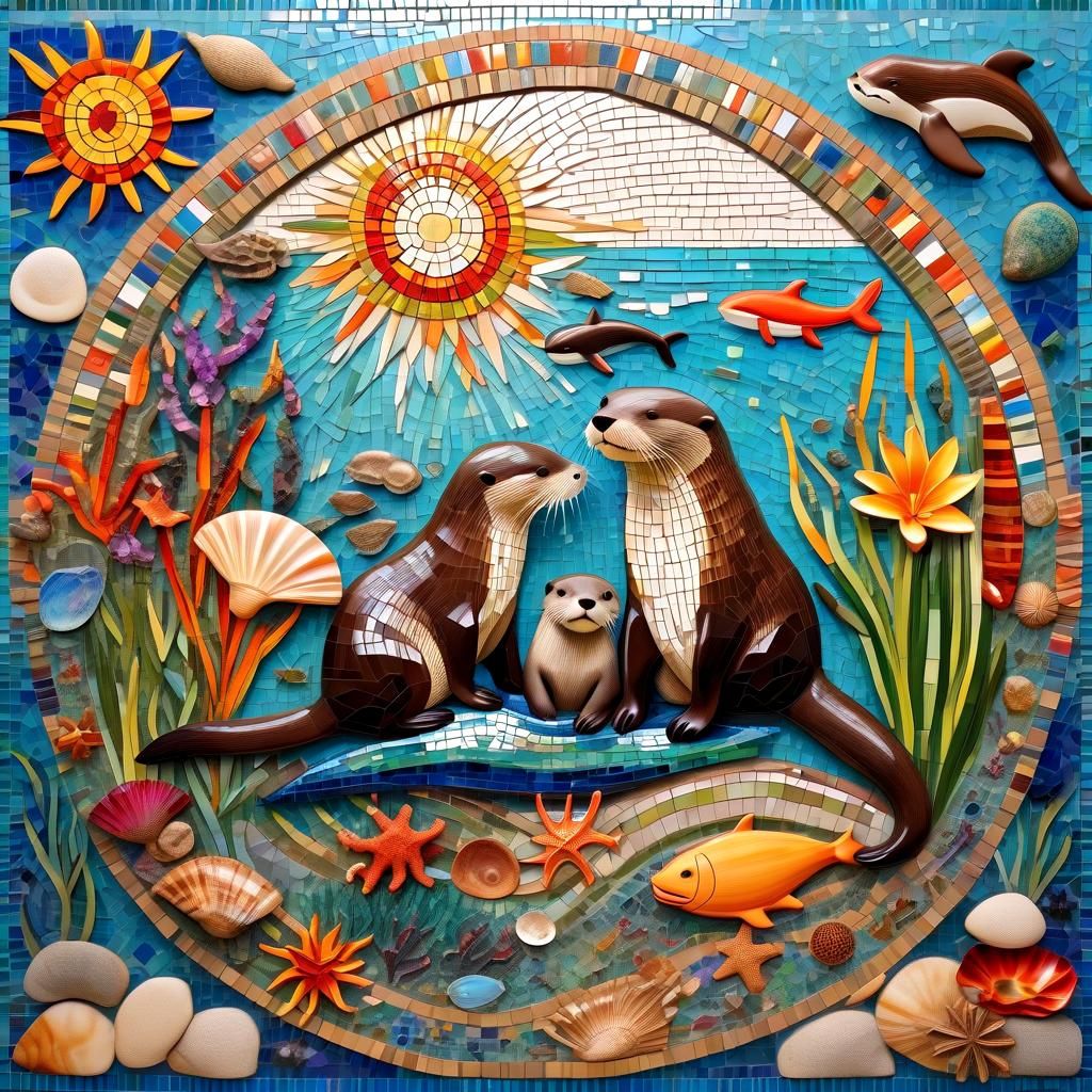 Vibrant Mosaic Artwork of Otters and Sea Life