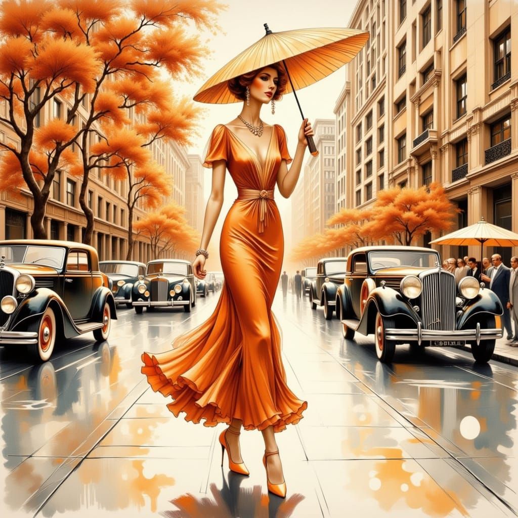 Glamorous Klimt-Inspired Woman Strolls Through Art Deco City