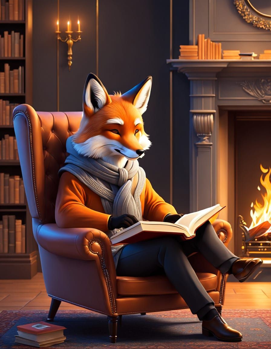 handsome fox sitting in a comfy chair reading a good book by the fireplace