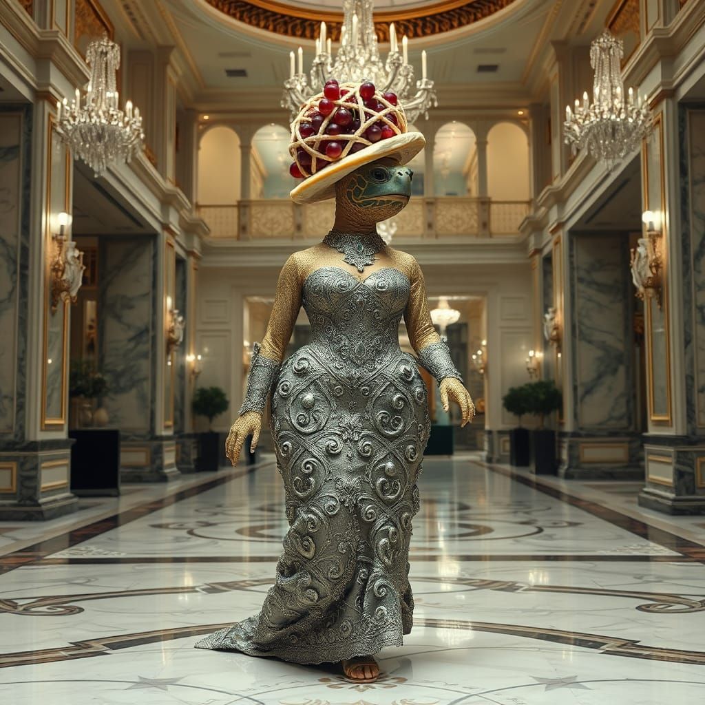 Elegant Turtle Woman in Art Deco Lobby