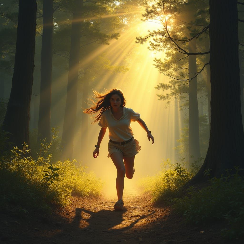 Woman Running Through Sunlit Forest at Golden Hour