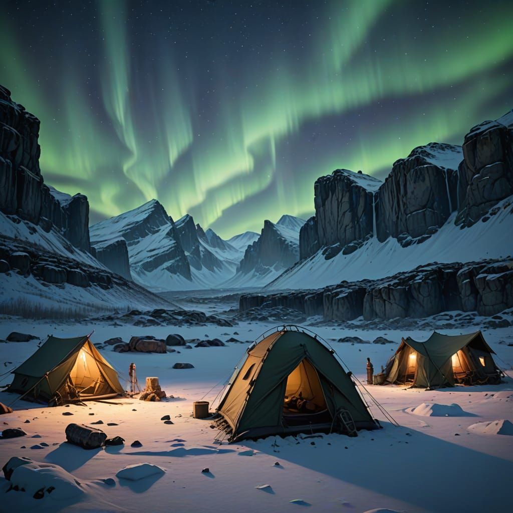 Winter Ruins Under Aurora Borealis in Nuanced Watercolor
