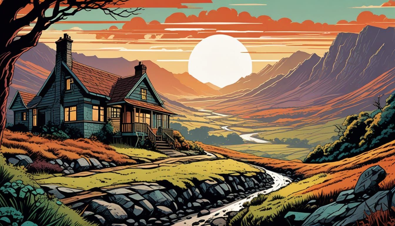 Rustic Cottage in Scottish Moorland, in Retro Comic Book Sty...