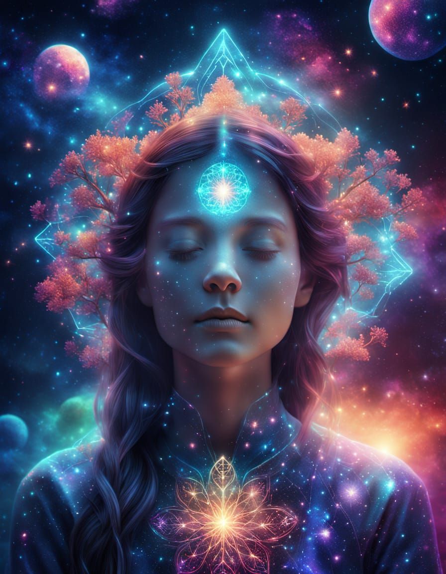 Meditating Woman Under Cosmic Tree of Life