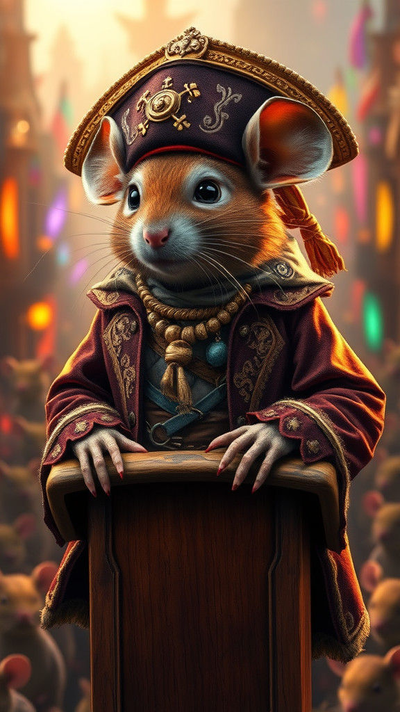 Mouse Pirate Captain Addresses Crowd in Opulent Cityscape