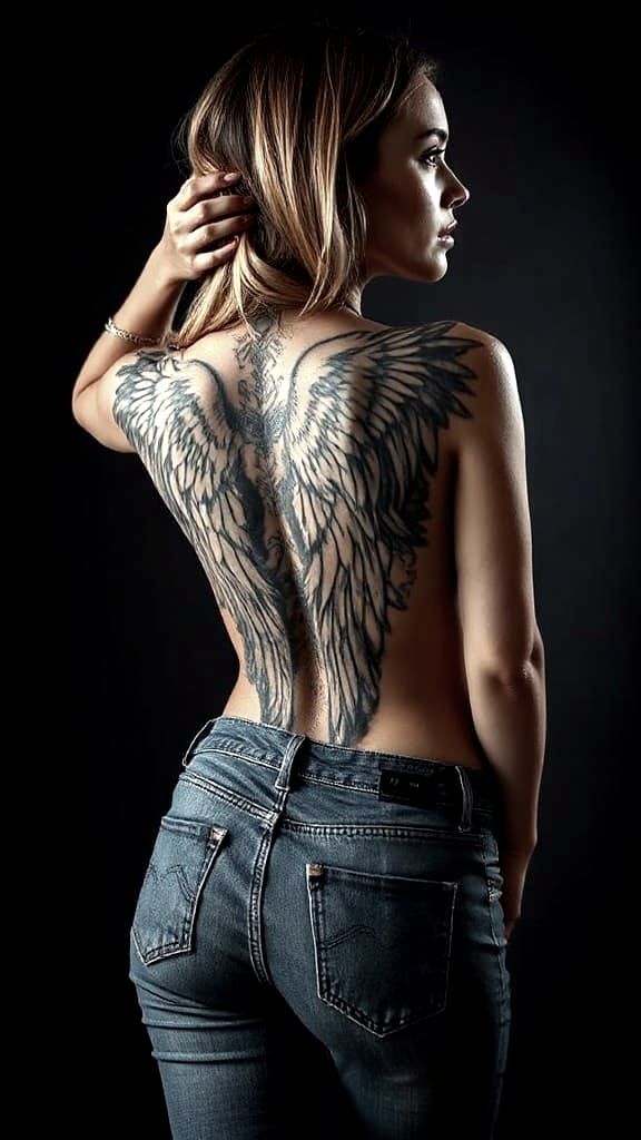 Woman With Angel Wing Tattoos in Artist Studio