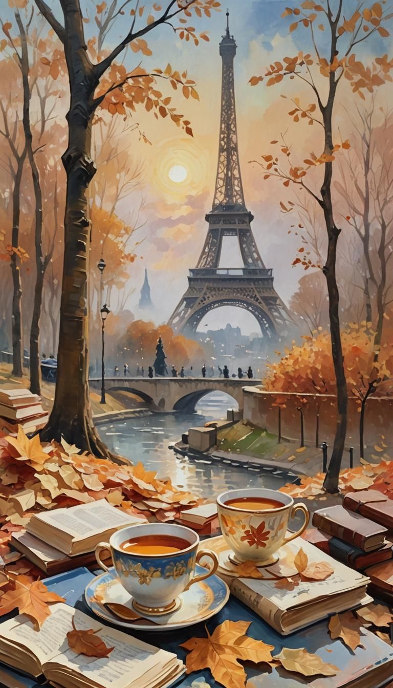 Eiffel Tower in Autumn, Impressionist Gouache Painting