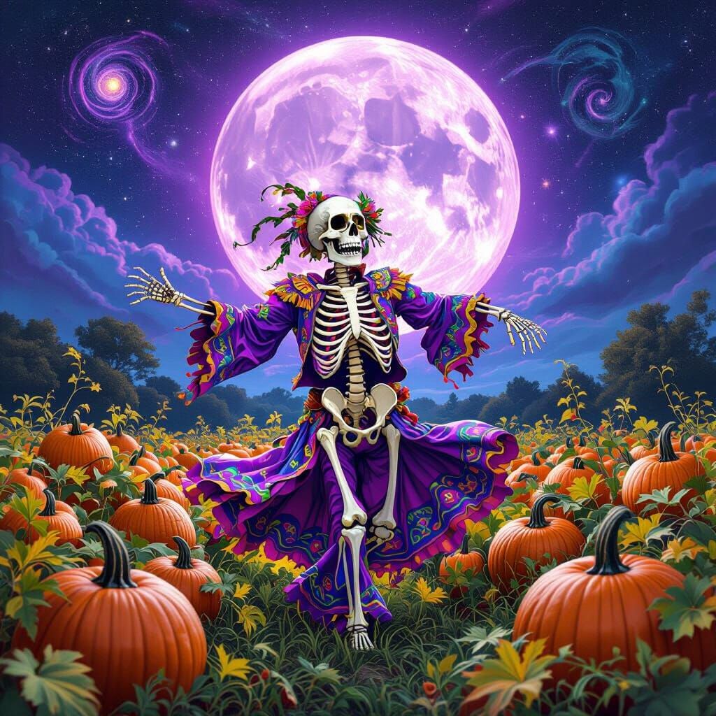 Dancing Skeleton in Pumpkin Patch Under Purple Moon