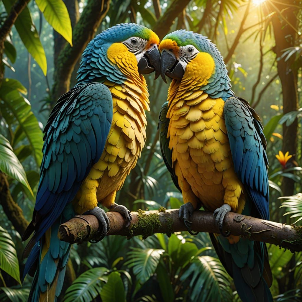 Rainforest Parrots Bask in Vibrant Sunrise
