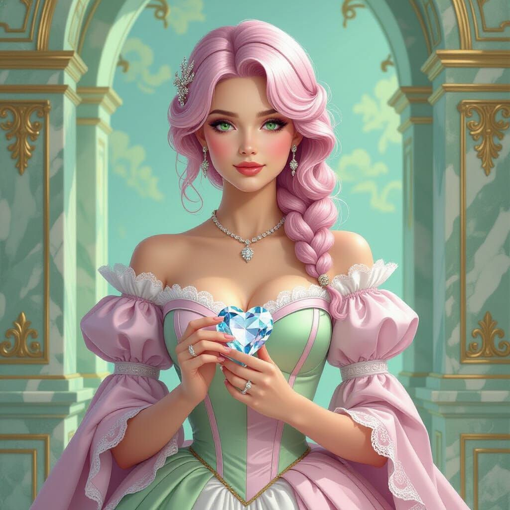Regency Woman with Pastel Pink Hair and Green Eyes