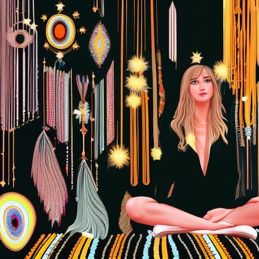 Attractive Hippy Surrounded by Crystals with 3D Shading