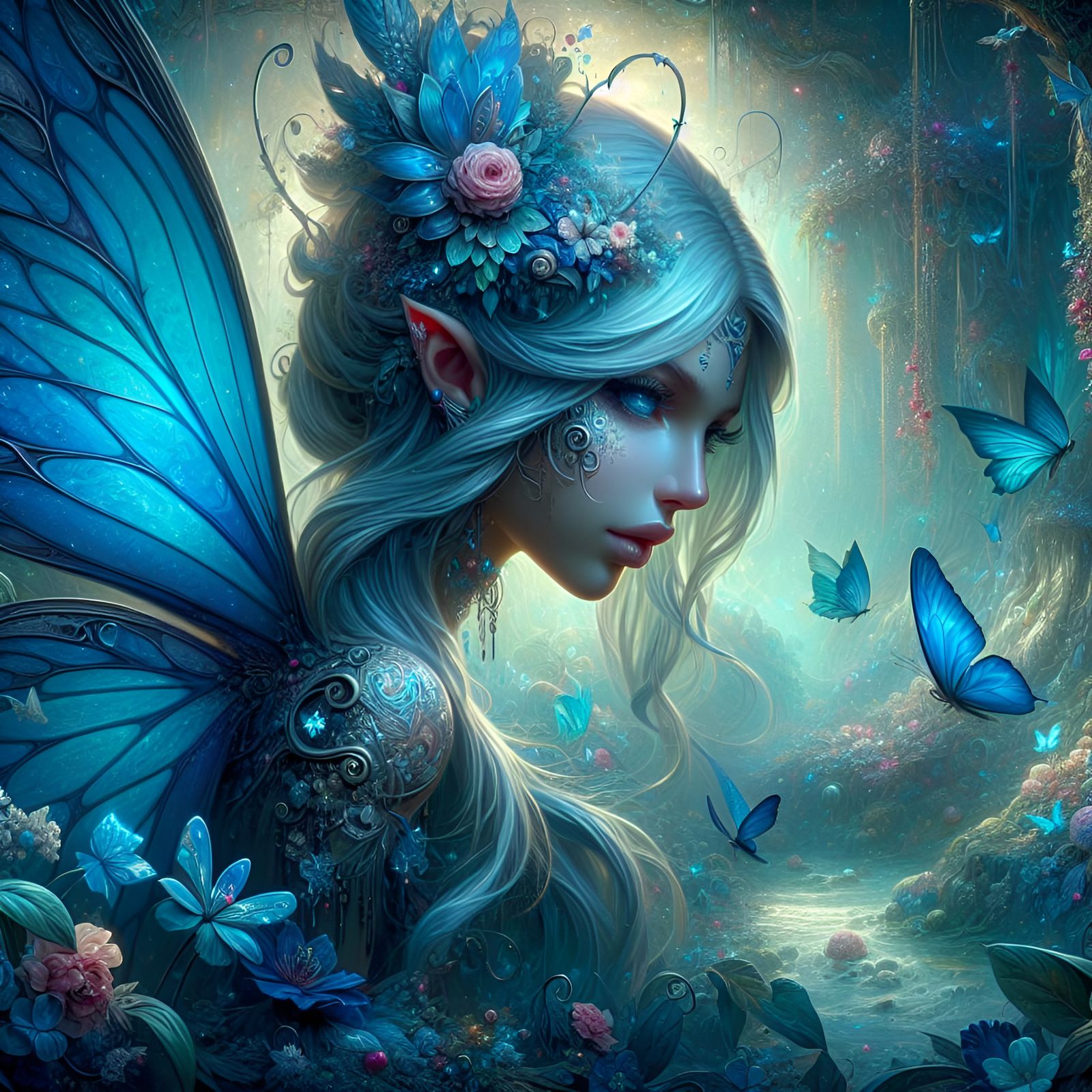 Blue Butterfly fairy in the fantastical fairy enchanted forest