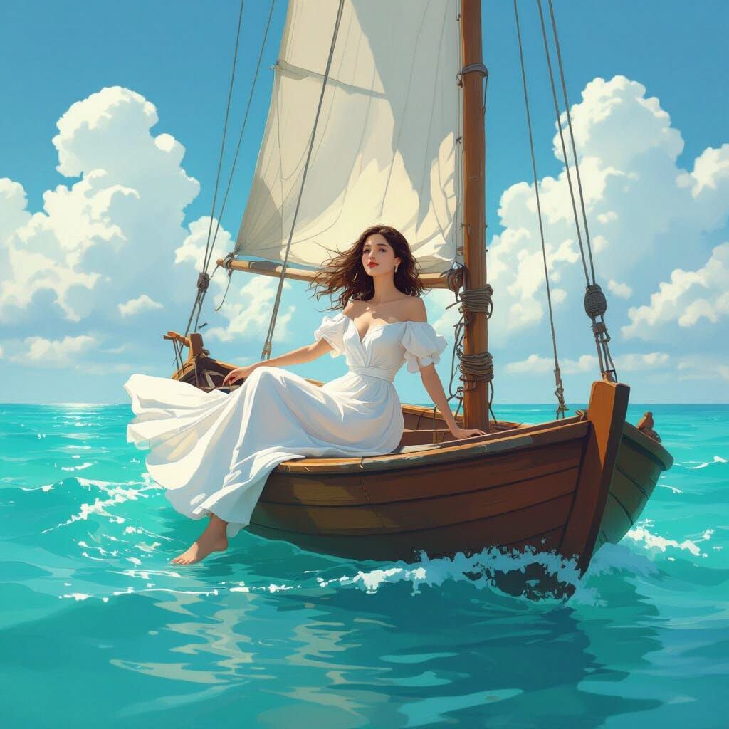 Woman Sailing on Turquoise Water in Ethereal Style
