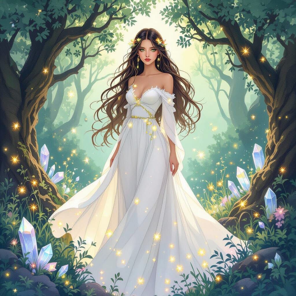 Ethereal Woman with Fireflies in Watercolor Style