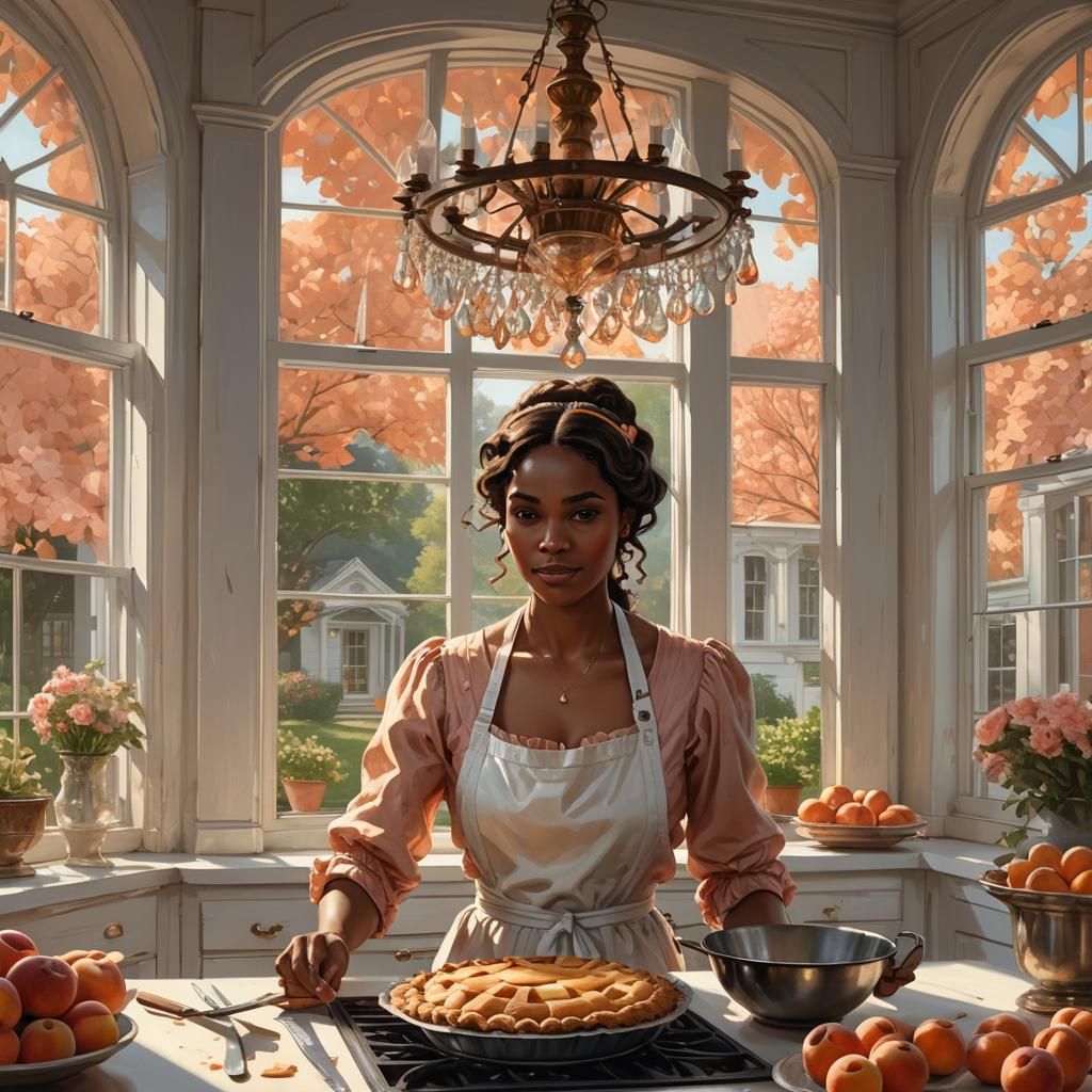 Cozy Farmhouse Kitchen with Baker and Peach Pie