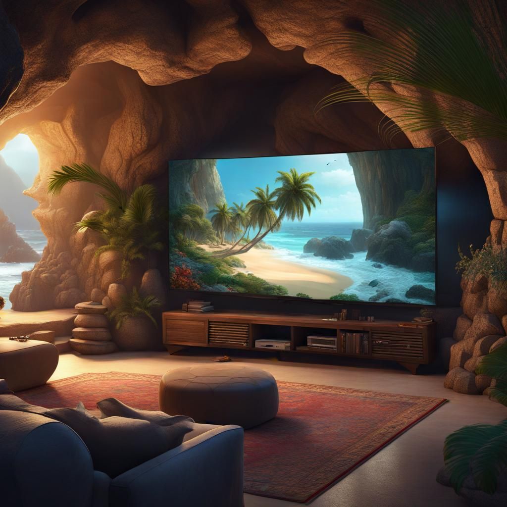 Modern Cave Dwelling with Dragons and Beach View