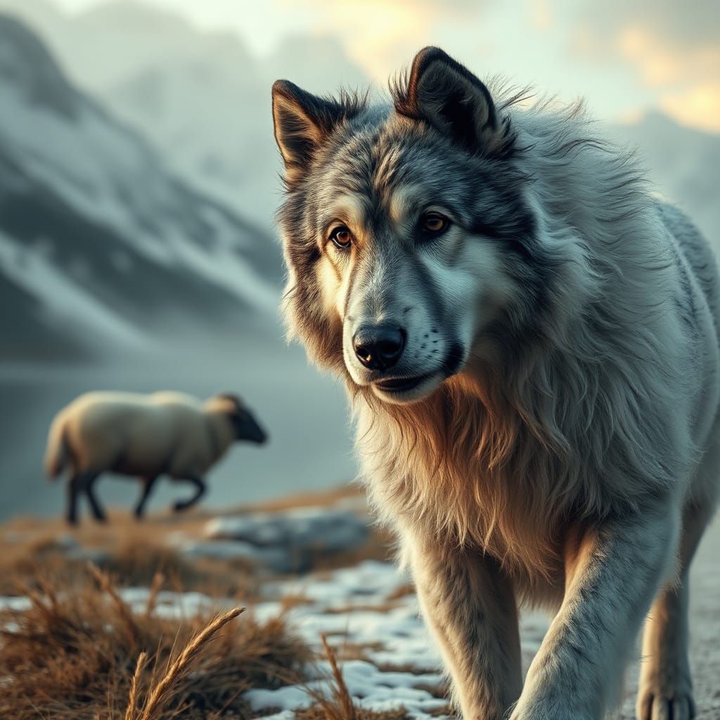 Dreamlike Taiga Landscape with Furry Dog and Mystical Sheep