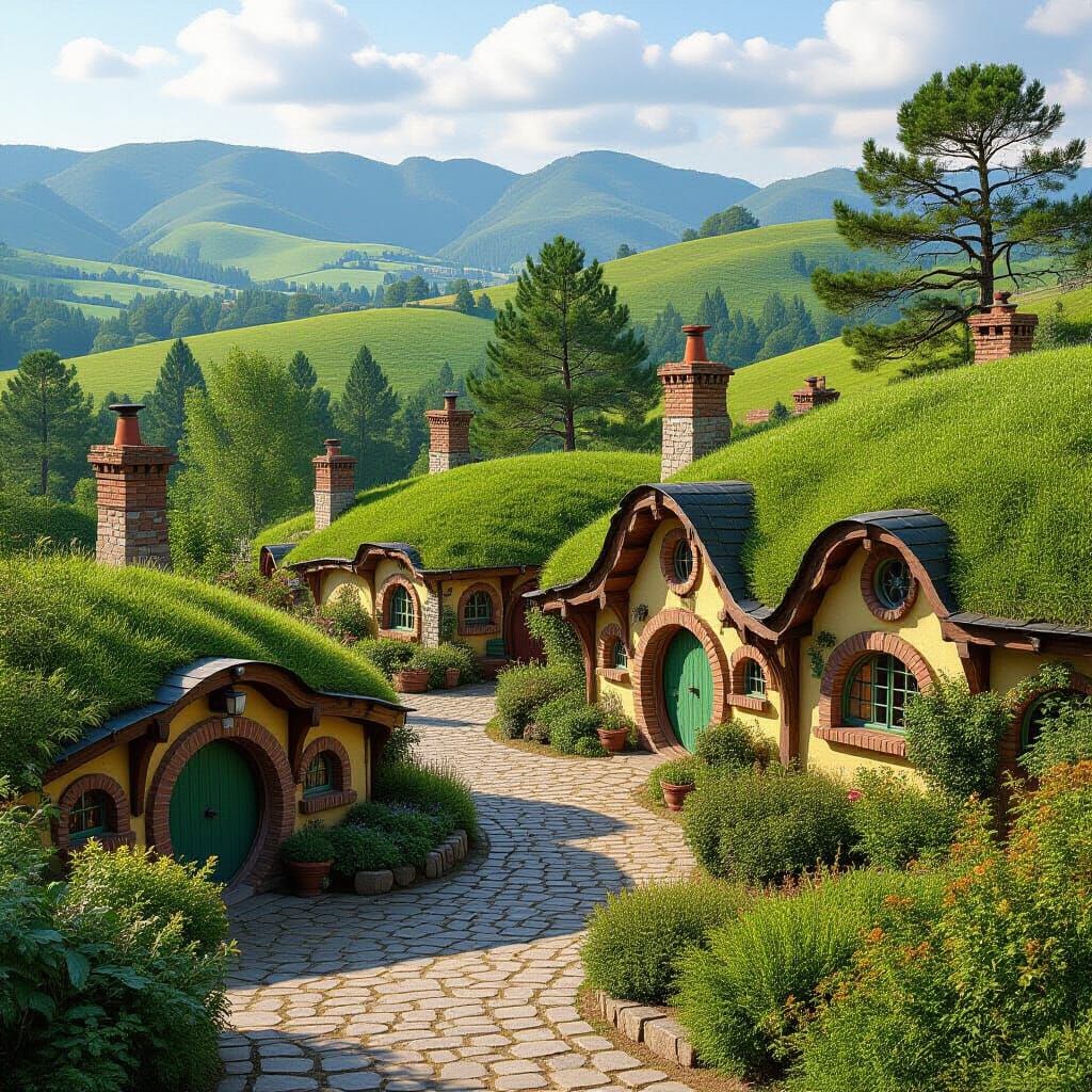 Quaint Hobbit Village in Picturesque Landscape