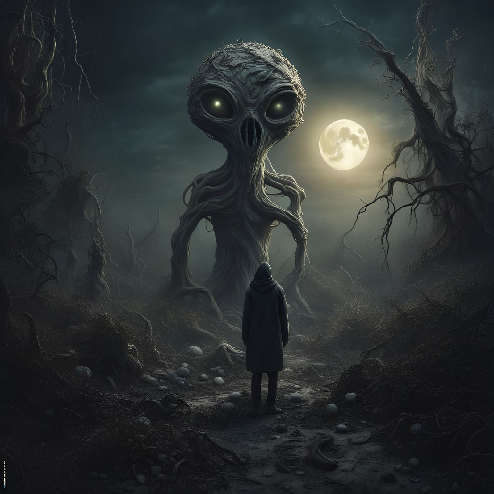 Apocalyptic Moonlit Scene with Alien Flora