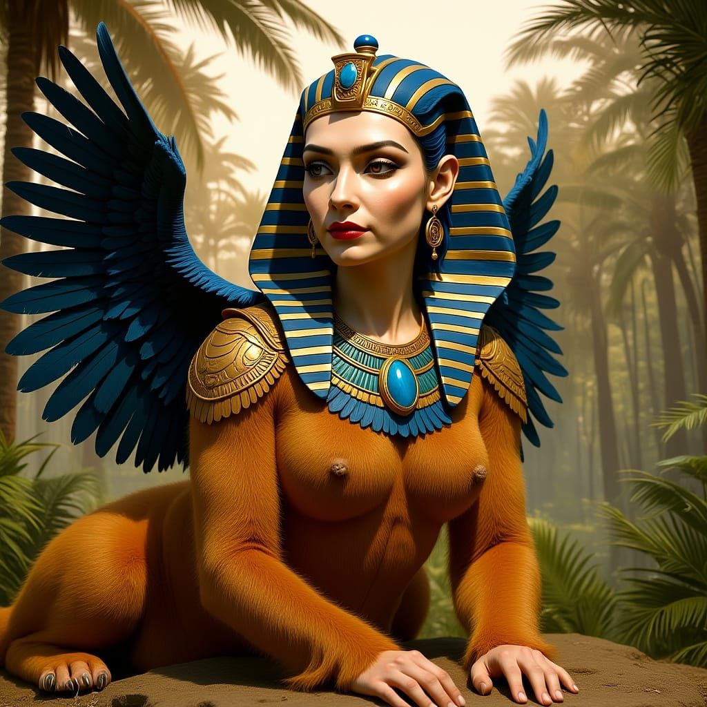 Hyperrealistic Sphinx with Woman's Face in Palm Forest