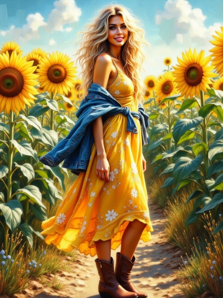 Glowing Blonde Woman Stands Tall in Sunflower Field