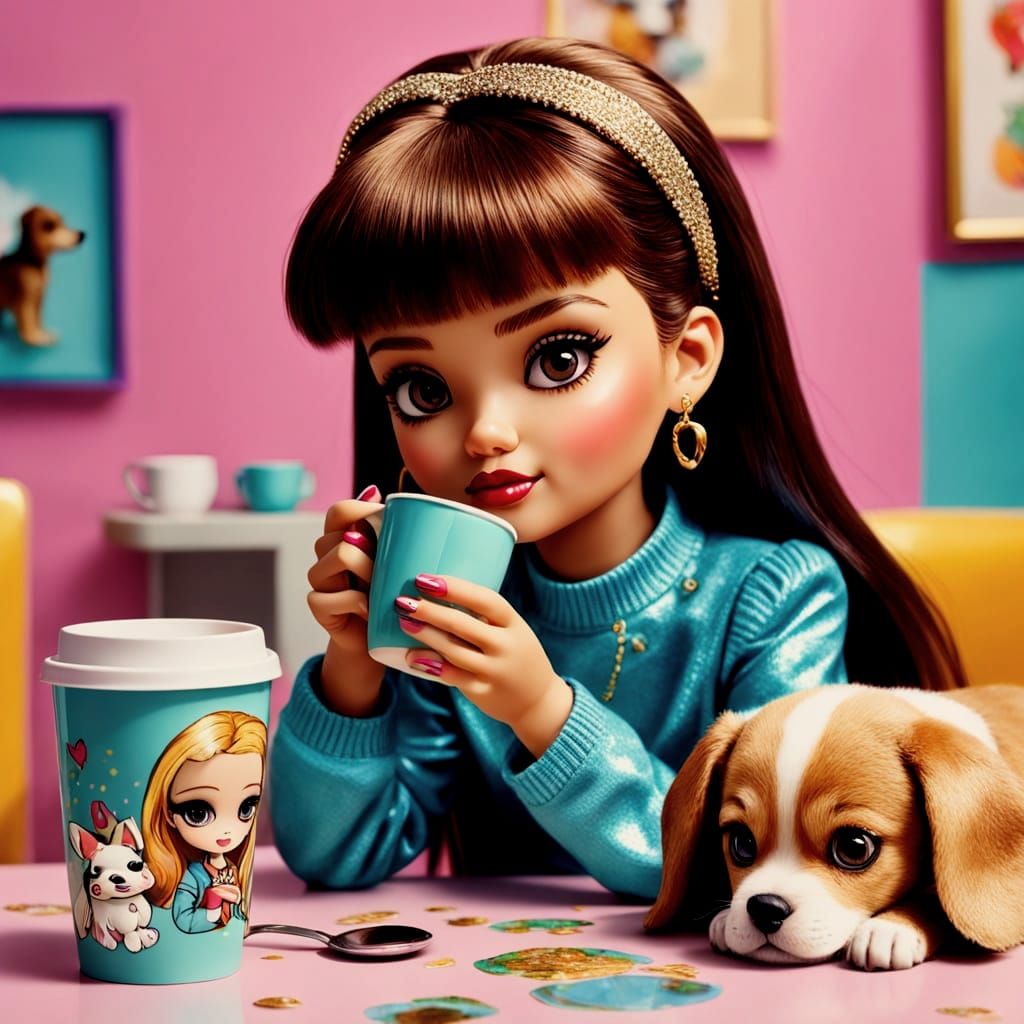90s Bratz Doll Portrait with Puppy in Digital Art Style