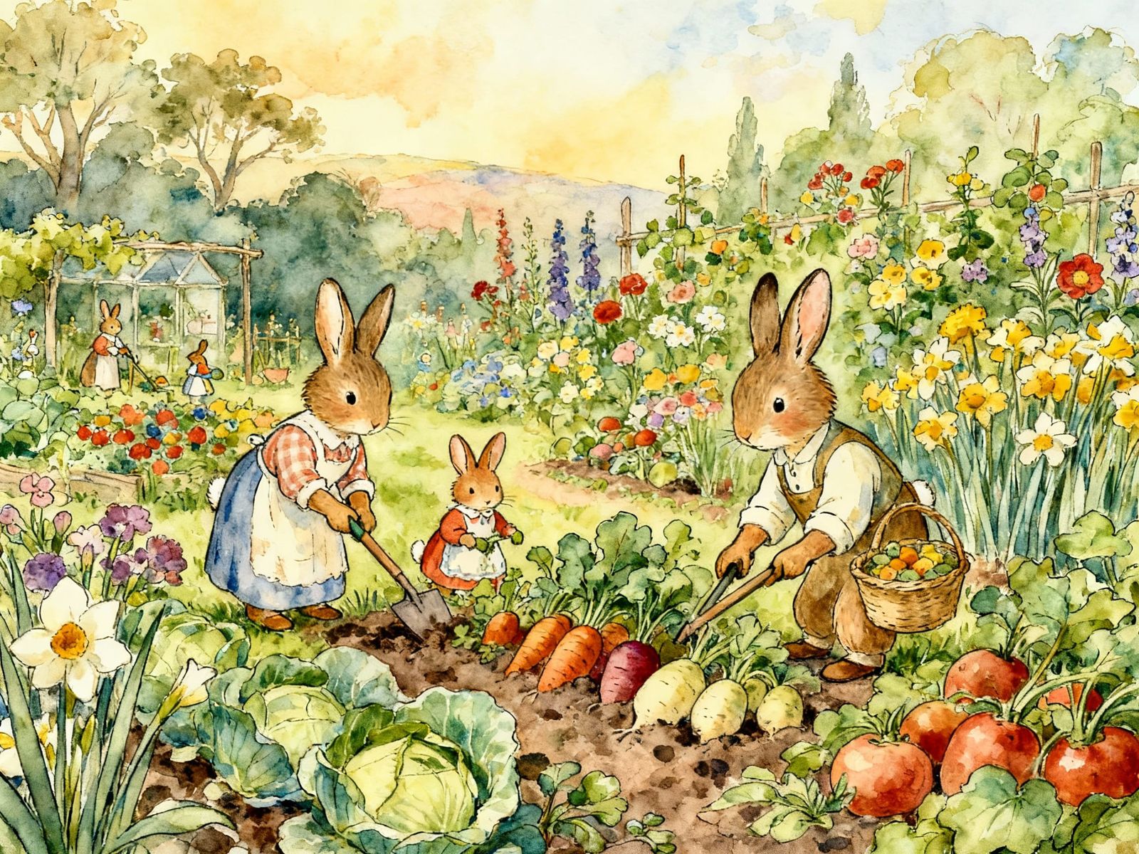Cute Rabbit Family Tending a Vibrant Garden