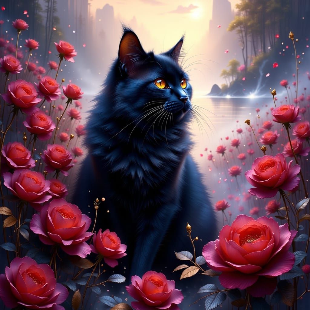Majestic Black Cat Amidst Red Roses in Whimsical Dreamscape