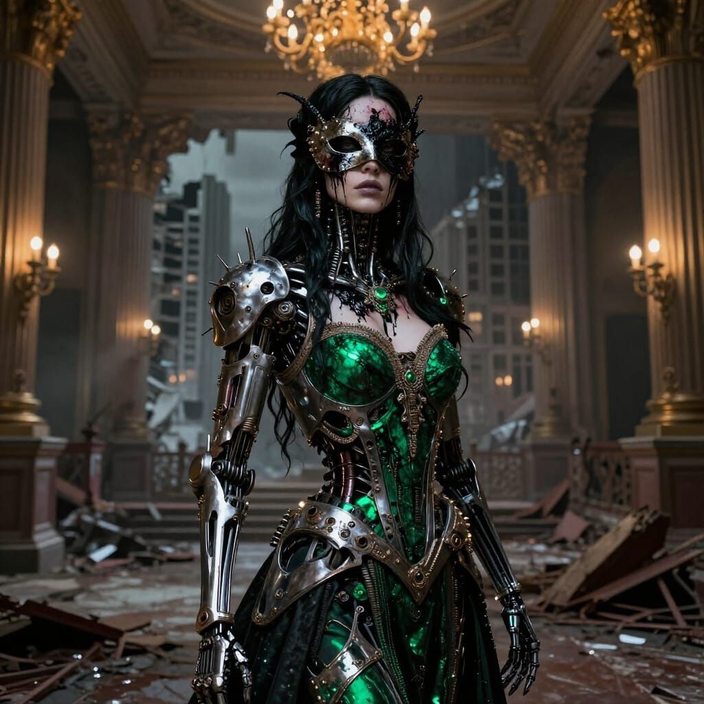 Enigmatic Woman in Ruined Cityscape, Dark Fantasy Art