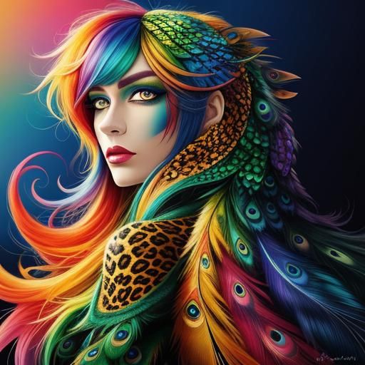 Rainbow Dragon Woman with Peacock Hair: Abstract Art