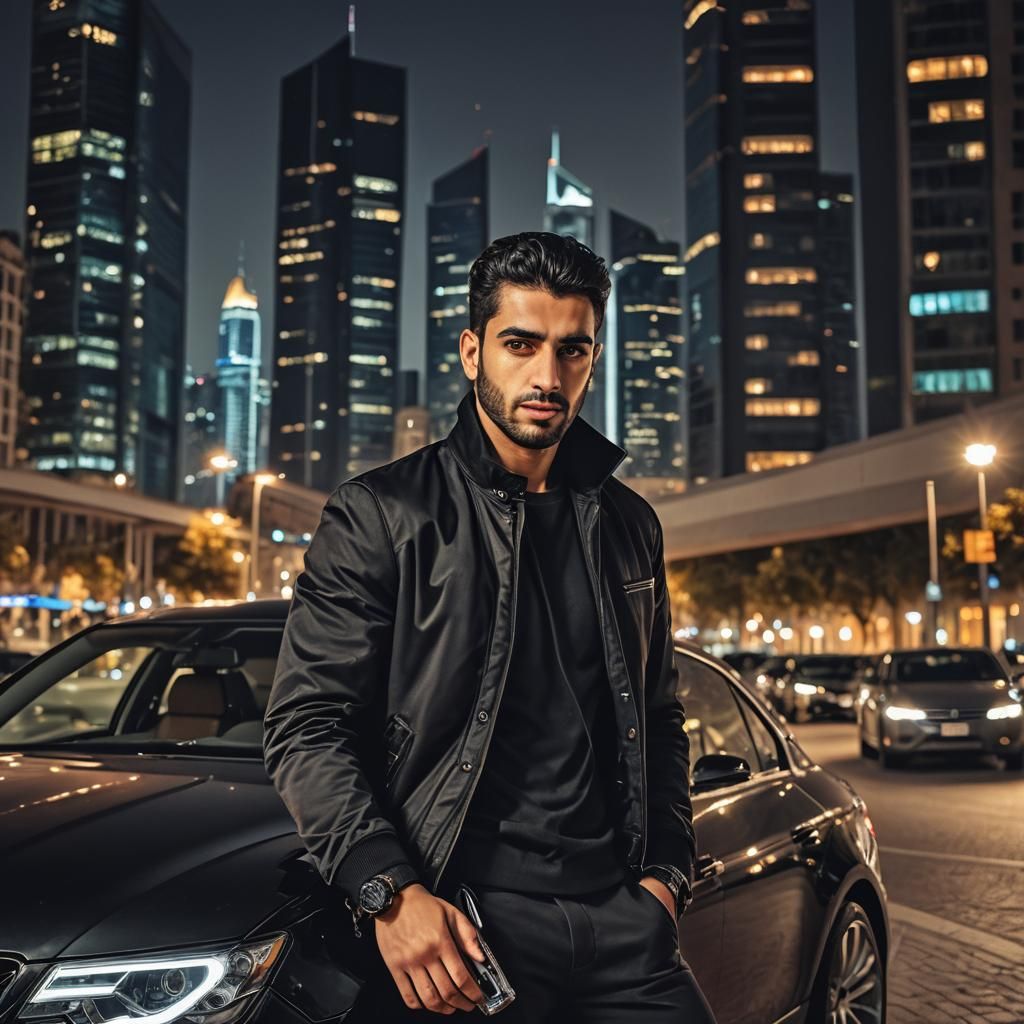 Arab Man in Black Jacket Posing with Car at Night