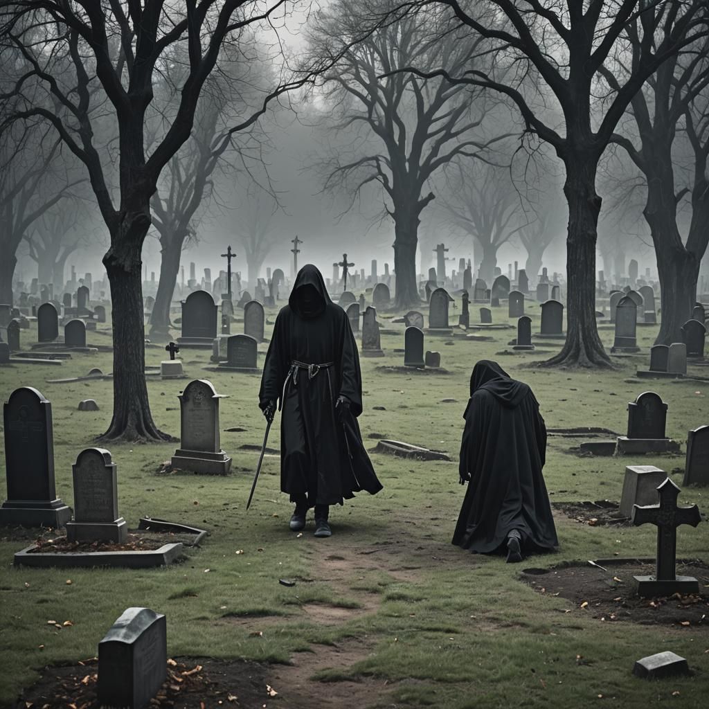 Grim Reaper Walks Alone in Graveyard