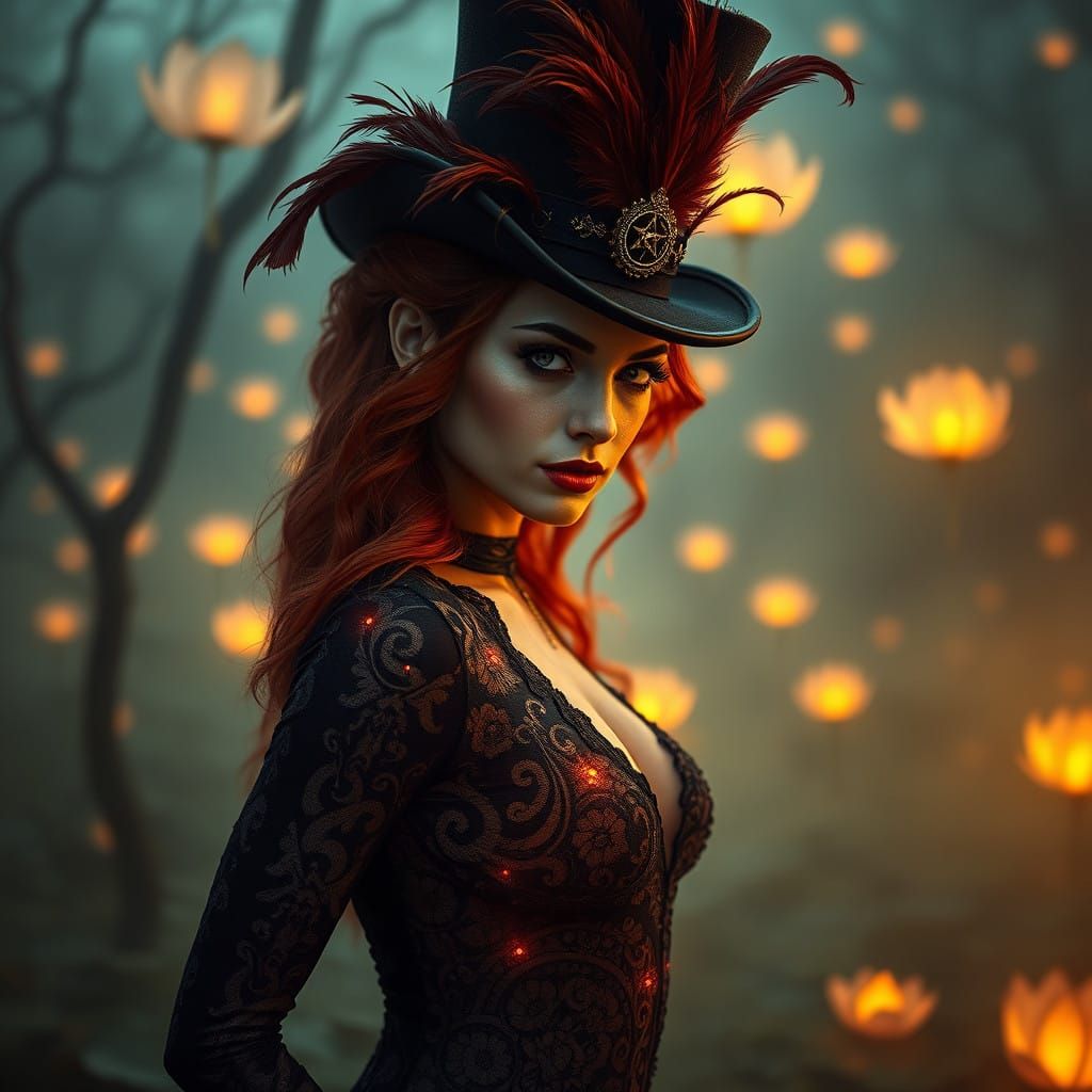 Ethereal Woman in Dark Lace Bodysuit with Occult Symbols and...