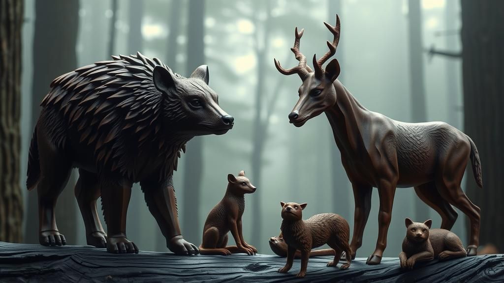 Hand-Carved Mahogany Animal Figurines in Hyperreal Detail