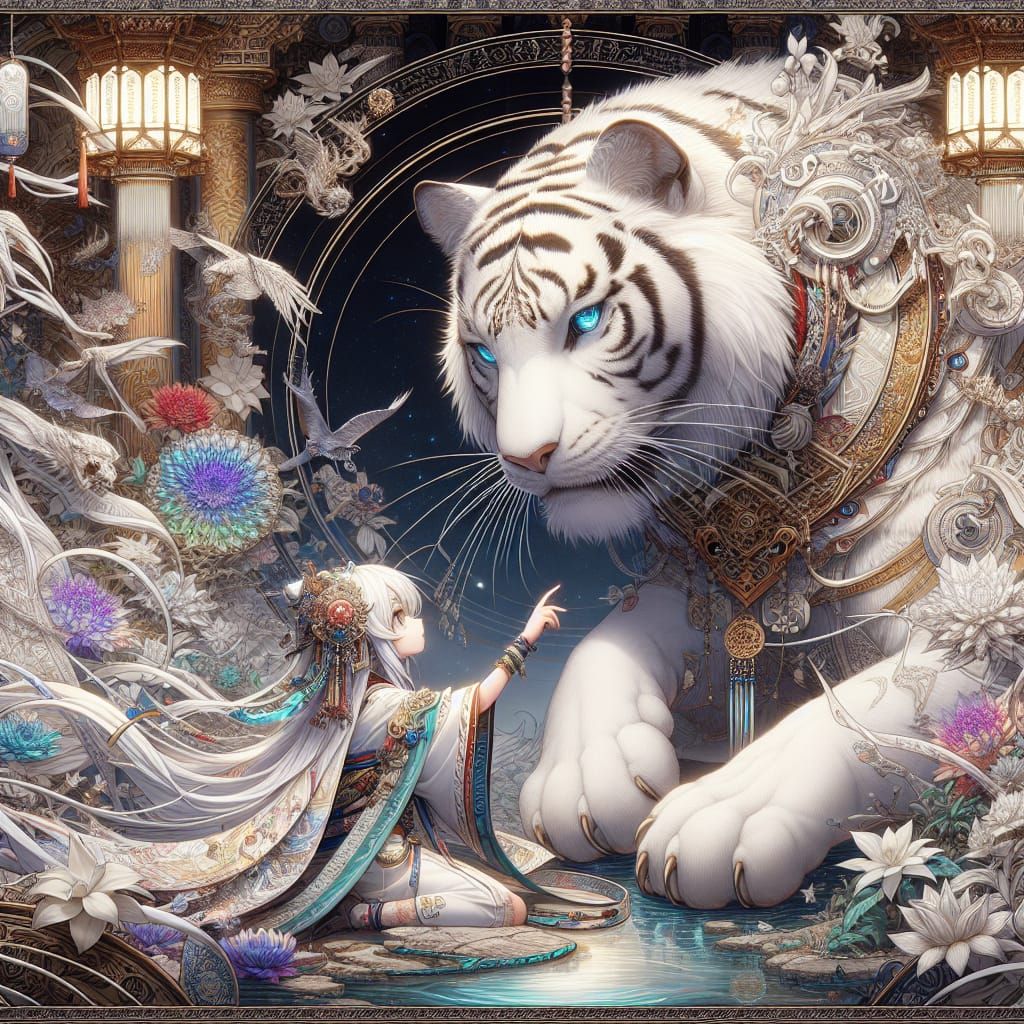 Anime Girl with White Tiger in 8K Resolution