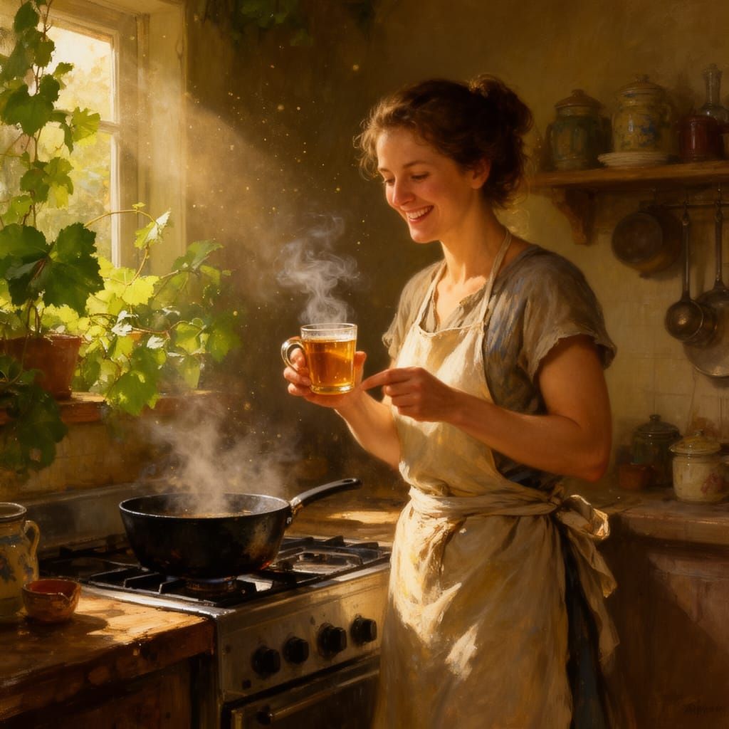 Joyful Woman Cooking in Sunlit Kitchen as Matte Painting