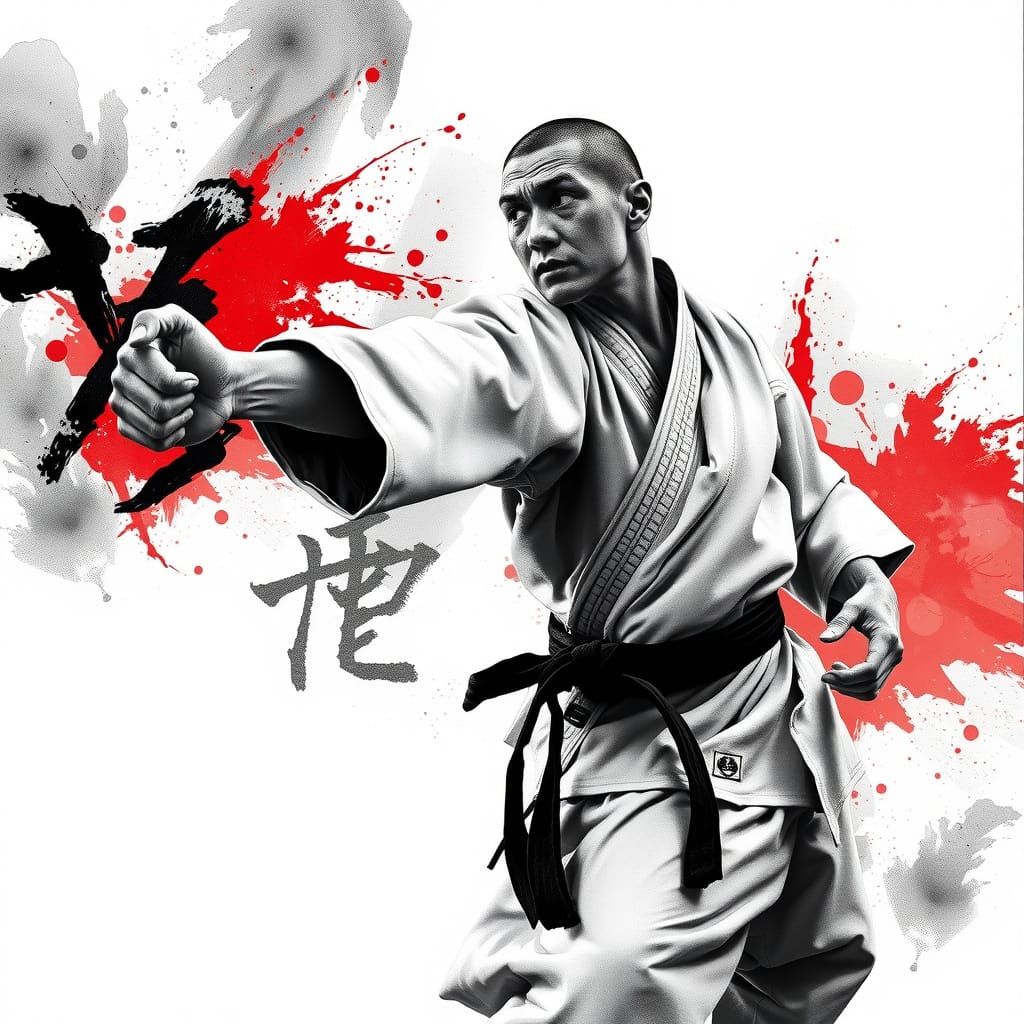 Karateka's Explosive Punch in Charcoal with Red Accent