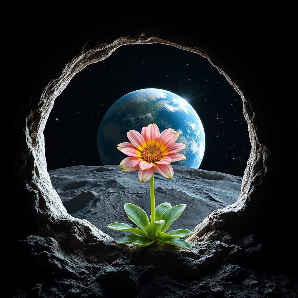 A colorful flower sprouts from a moon crater, the Earth and ...