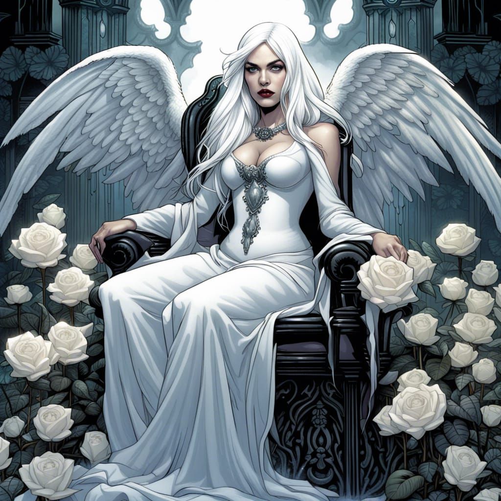 Gothic Angel Princess on Throne of Roses
