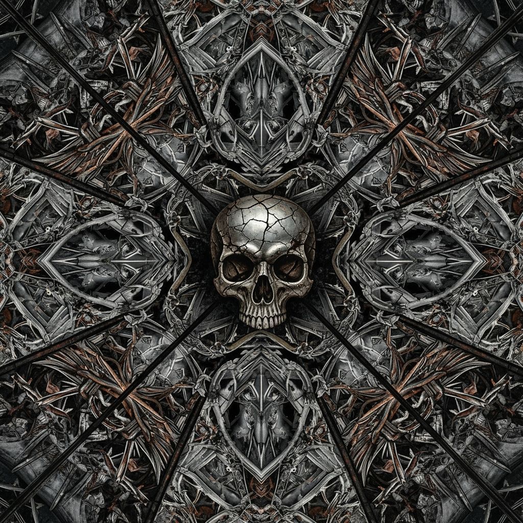 Grimdark Kaleidoscope Art with Metallic Skull