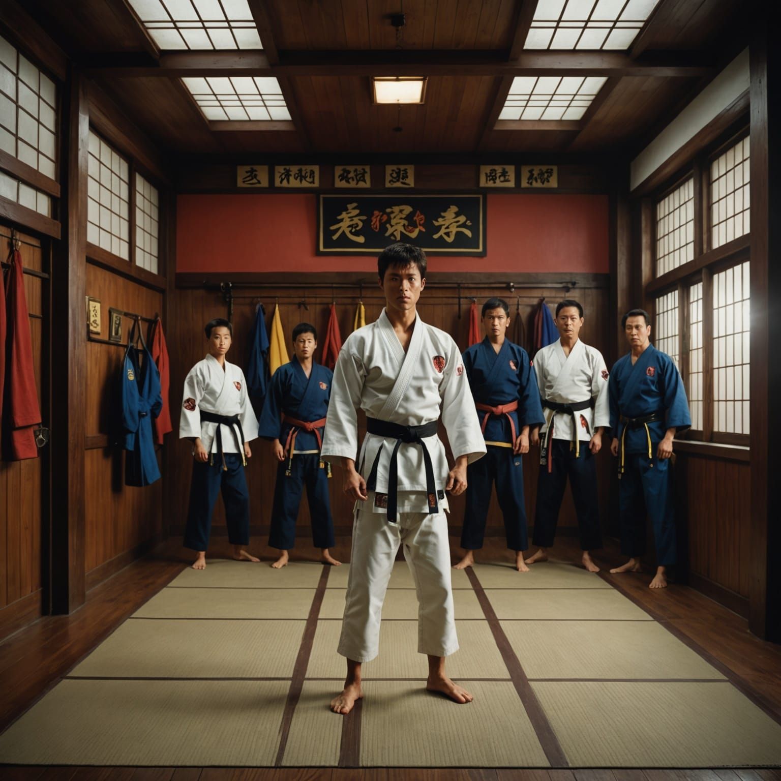 Traditional Karate Dojo with Belts and Masters