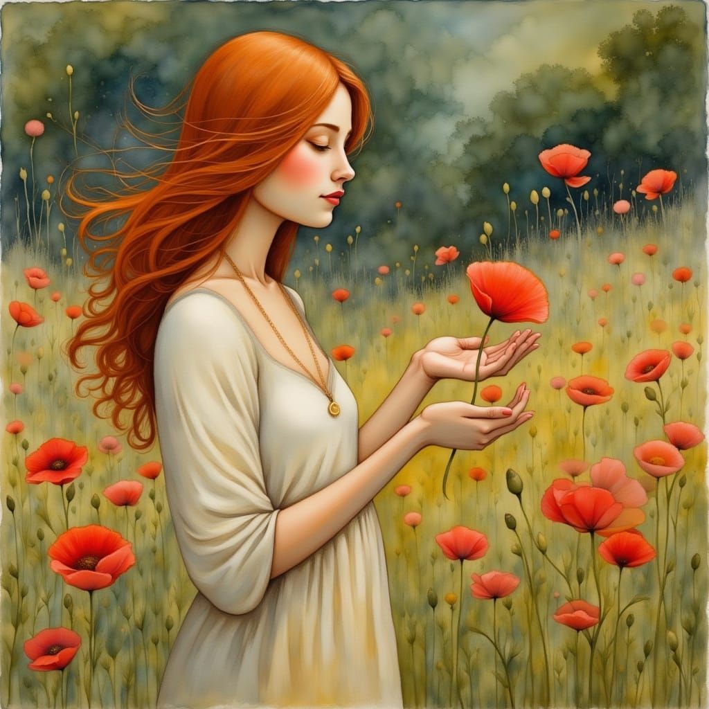 Maiden Holds Poppy in Summer Meadow